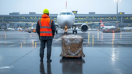 Poster - Worker in safety attire handling cargo logistics at airport terminal with parked airplane ready for loading Efficient freight transportation and distribution services at busy commercial aviation