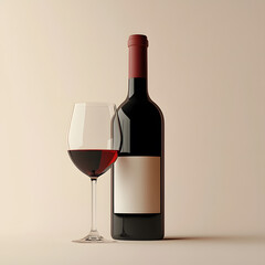 Wall Mural - bottle of wine with a glass on a neutral background realistic photo