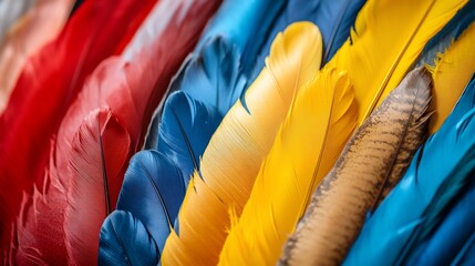 Canvas Print - Colorful feathers arranged in a row, showcasing vibrant red, blue, yellow, and brown hues.