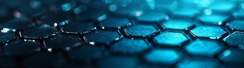Wall Mural - hexagonal tech background with blue neon glow, featuring a close-up design, minimalist aesthetic, cl