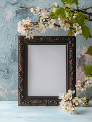 Wall Mural - horizontal photo frame mockup, on the table with spring flowers
