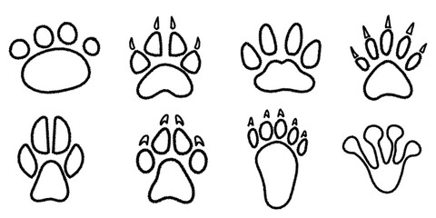 Wall Mural - Set of silhouette footprints in brush stroke texture paint style. Traces of animals. Wild animal feet silhouette.Vector chalk graphic elements