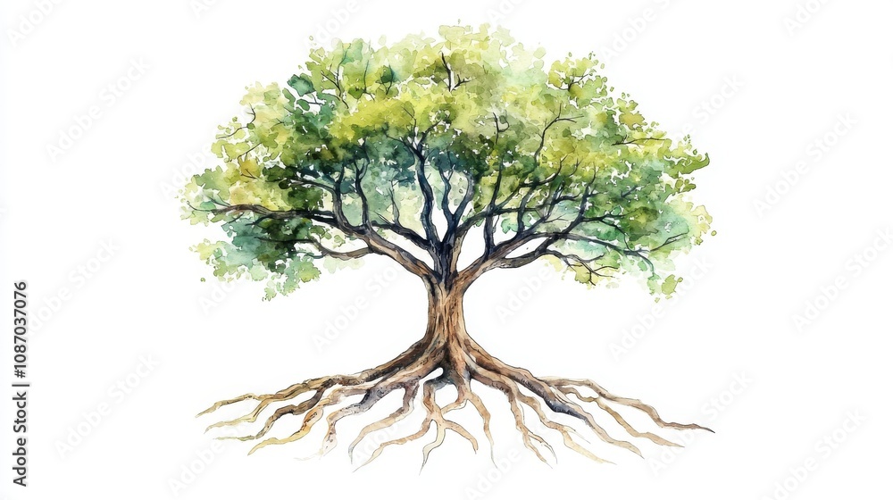 A vibrant watercolor illustration of a tree showcasing its lush green ...