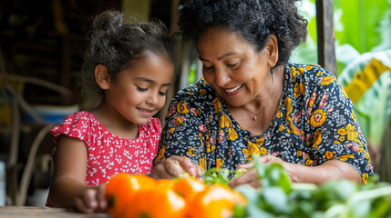 Grandmother and granddaughter smiling while preparing fresh vegetables in a cozy outdoor garden setting during the day. Generative AI