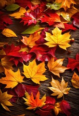 Wall Mural - vibrant autumn leaves displayed rustic wooden surface creating colorful fall composition, foliage, colors, nature, scenery, texture, landscape, red, orange