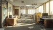 © BloomArt - Abandoned, dusty office space with damaged ceiling, scattered papers, and old furniture. Sunlight streams through windows.