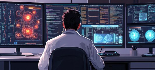 Cybernetics Specialist Working Late at Night on Neural Networks