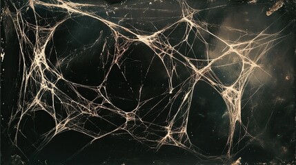Close-up of a large, intricate spiderweb on a dark background with a grunge texture.
