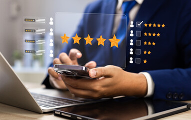 Wall Mural - customer satisfaction poll, users rate service and products online with five-star feedback, improvin