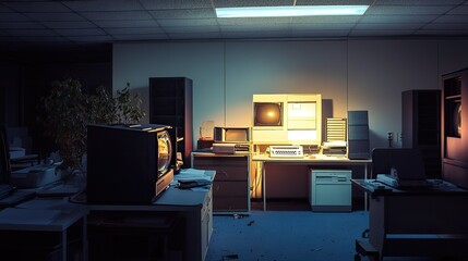 Wall Mural - dark, retro office at night with vintage computers and monitors glowing.