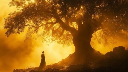 Wall Mural - a woman stands in front of a large tree, bathed in warm golden light.