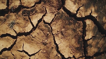 Dry, ground and drought as top view in natural disaster for climate change with cracks, soil or mud.