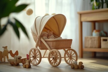 Wall Mural - A charming wooden baby stroller stands in a bright room. Adorable toys surround it, creating a warm and playful atmosphere. Perfect for child photography and decor. Generative AI