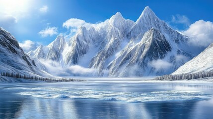 Wall Mural - Majestic snow-capped mountains reflected in a frozen lake under a bright winter sun.