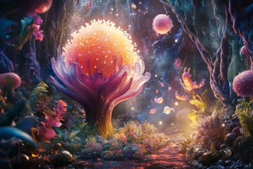 Wall Mural - A vibrant, magical landscape filled with a glowing flower. This surreal artwork evokes wonder and exploration. Perfect for fantasy themes and nature lovers. Generative AI