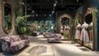 © Pannee - Elegant fashion boutique interior with vibrant floral decor, stylish mirrors, mannequins showcasing dresses, and lush plants creating a chic atmosphere