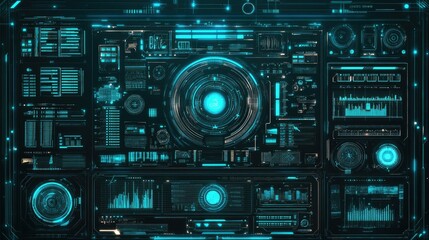 Wall Mural - Futuristic HUD interface with glowing blue digital elements, data graphs, and central control panel.