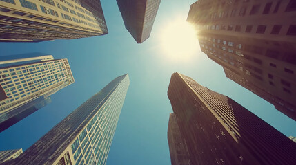 Wall Mural - A blue cityscape with tall buildings and a clear blue sky A building that changes color depending on the weather. 
