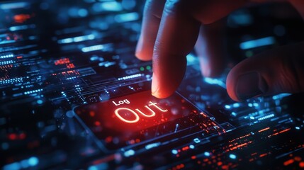 Futuristic Logout Button with a Hand Engaging on a Neon Interface Surrounded by Digital Data Streams and Networking Elements