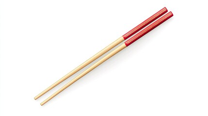 Pair of chopsticks with red and gold details, on white background.