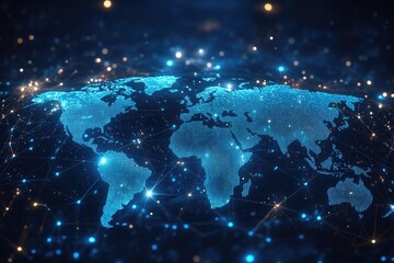 Wall Mural - planet earth rotating and showing global connections and bright spots of data exchange