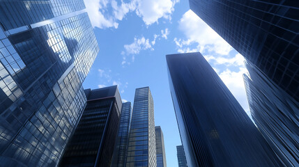 Wall Mural - A fragment of a modern office building in the capital .glass buildings with cloudy blue sky background .modern office building A modern glass building reaches towards a blue sky, reflecting clouds an
