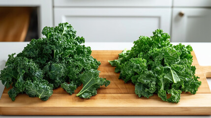 Wall Mural - Two bunches of fresh green kale placed on a wooden cutting board in a kitchen setting with a light-colored background.