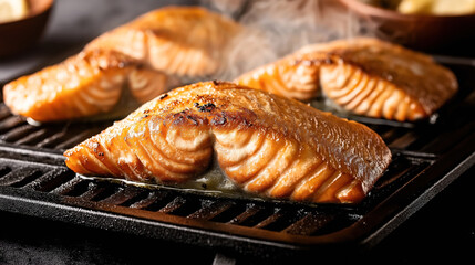 Wall Mural - Close-up of grilled salmon fillets on a sizzling hot grill, with steam rising, showcasing a golden brown crust and juicy texture, indicating a freshly cooked and appetizing seafood dish.