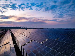 Wall Mural - Solar photovoltaic panels array aerial photography at sunset