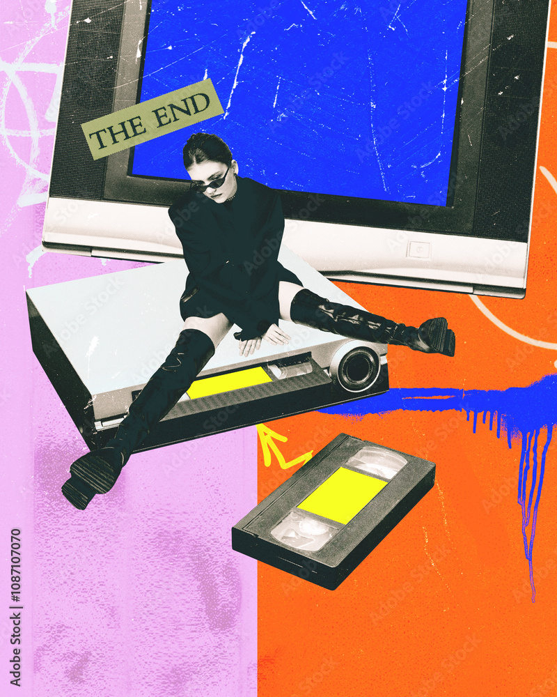 Stylish woman sitting on retro VCR player with VHS tapes, set against ...