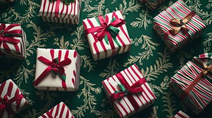 Set of gift boxes wrapped in vintage craft paper and tie ribbon on green background  with xmas pattern