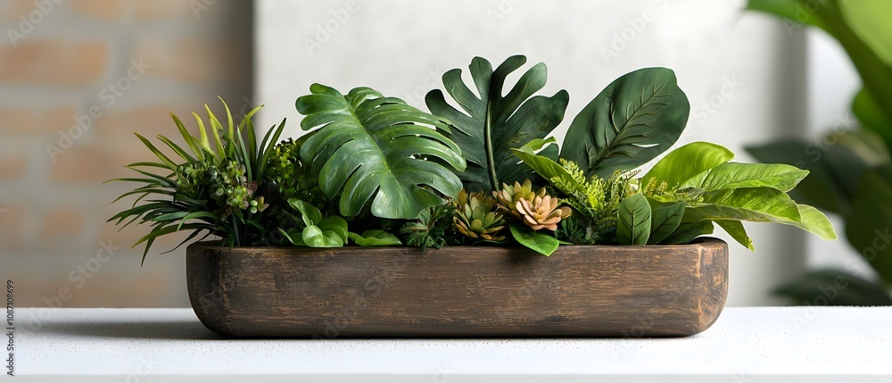 Vintage distressed wooden planter vessel filled to the brim with a ...