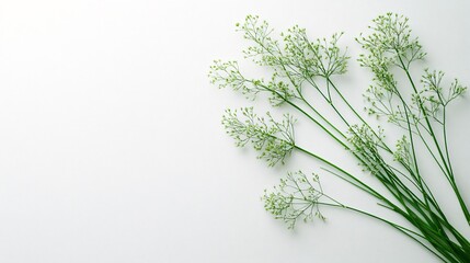 Fototapete - Isolated on white background fresh fennel fronds with light green feathery stems placed loosely for natural elegance and side empty space for text Stockphoto style