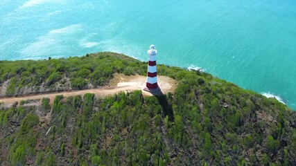 Wall Mural - Venezuela A lighthouse is on a rocky cliff overlooking the ocean. The lighthouse is tall and white with red stripes. The ocean is calm and blue