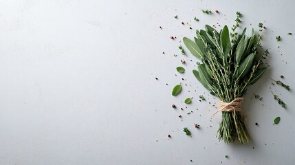 Fototapete - Isolated on white background bouquet of herbs including sage rosemary and thyme tied with twine for a rustic presentation and side empty space for text Stockphoto style