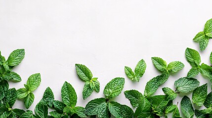 Fototapete - Isolated on white background mint leaves arranged in a triangular shape to highlight their bright green tones and textured edges and side empty space for text Stockphoto style