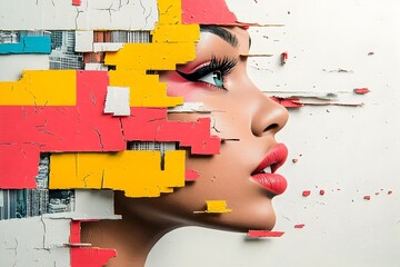 Wall Mural - Retro Pop Art Inspired Portrait of a Woman with Fragmented Neon Tinged Cityscape Background  Hyper Saturated Colors Textured Paint Application and Dynamic Composition Create a Retrofuturistic