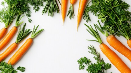 Fototapete - A vibrant arrangement of organic carrots with green tops alongside sprigs of fresh rosemary and parsley placed diagonally on a white background with side empty space for text Stockphoto style