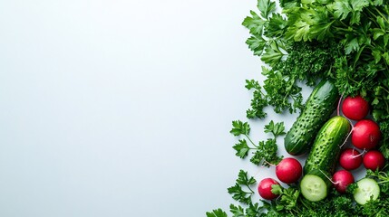 Sticker - Close-up of fresh cucumbers and radishes paired with a bunch of flat-leaf parsley displayed on a clean white background with side empty space for text Stockphoto style