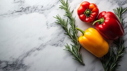 Fototapete - Mixed organic bell peppers with a bundle of rosemary placed elegantly on a marble countertop with side empty space for text Stockphoto style
