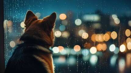 Wall Mural - Rearview of a dog sitting by the window, gazing at raindrops on the glass while the city lights blur in the distance. The pet appears lonely, waiting for someone to come home on a rainy evening.