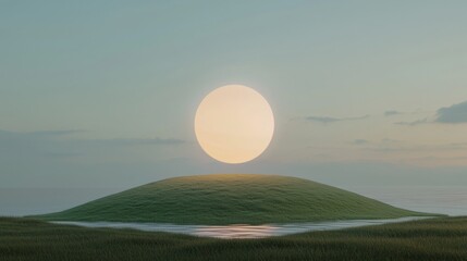 Wall Mural - a large, glowing moon is reflected in the water of a small pond