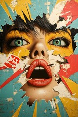 Wall Mural - Hyper Saturated Retro Pop Art Depiction of a Woman s Face with a Dynamic Fragmented Composition Textured Paint Application and Vintage Comic Book Influence against a Gritty Industrial Backdrop