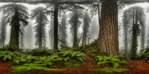 Wall Mural - Full 360 degrees seamless spherical panorama HDRI equirectangular projection of A misty forest cloaked in ethereal fog. Texture environment map for lighting and reflection source rendering 3d scenes.