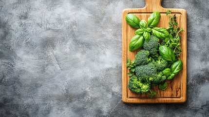 Fototapete - Bright green broccoli florets accompanied by fresh basil and thyme sprigs spread out neatly on a light wooden board with side empty space for text Stockphoto style