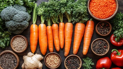 Fototapete - A flat-lay of organic vegetables including carrots broccoli and bell peppers with clusters of fresh herbs placed around for balance with side empty space for text Stockphoto style