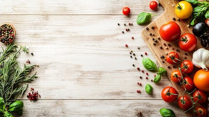 Fototapete - An elegant display of heirloom tomatoes with bunches of oregano and rosemary scattered around on a light wooden surface with side empty space for text Stockphoto style