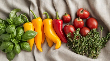 Fototapete - An assortment of vibrant chili peppers with clusters of basil and thyme placed casually on a neutral fabric background with side empty space for text Stockphoto style