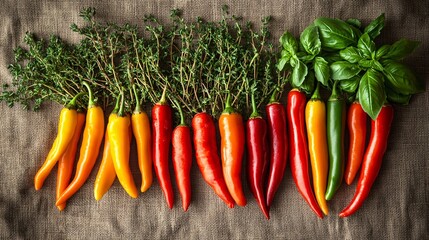 Fototapete - An assortment of vibrant chili peppers with clusters of basil and thyme placed casually on a neutral fabric background with side empty space for text Stockphoto style