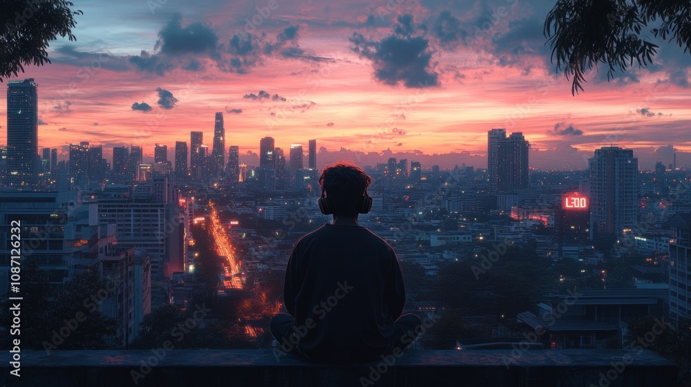 Relaxed Rapper Chill Thai Rap Vibes, serene sunset cityscape of Bangkok, silhouette of ...